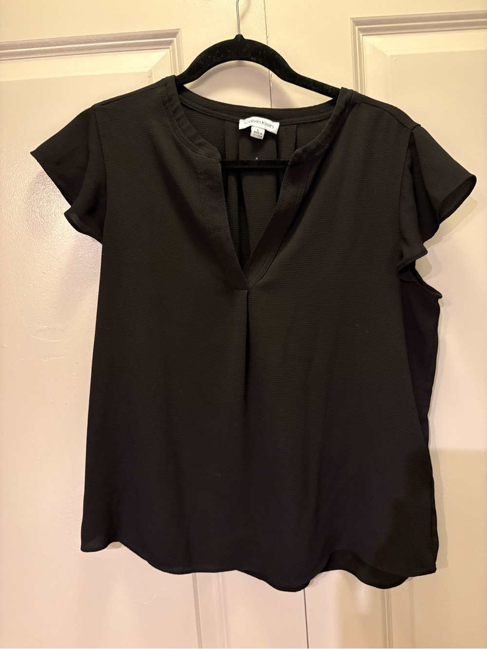 Calvin Klein Black Split V-Neck Cap Sleeve Blouse